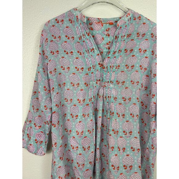 Oliphant Block Print 3/4 Sleeve Top Blue Sz Large - Picture 3 of 7